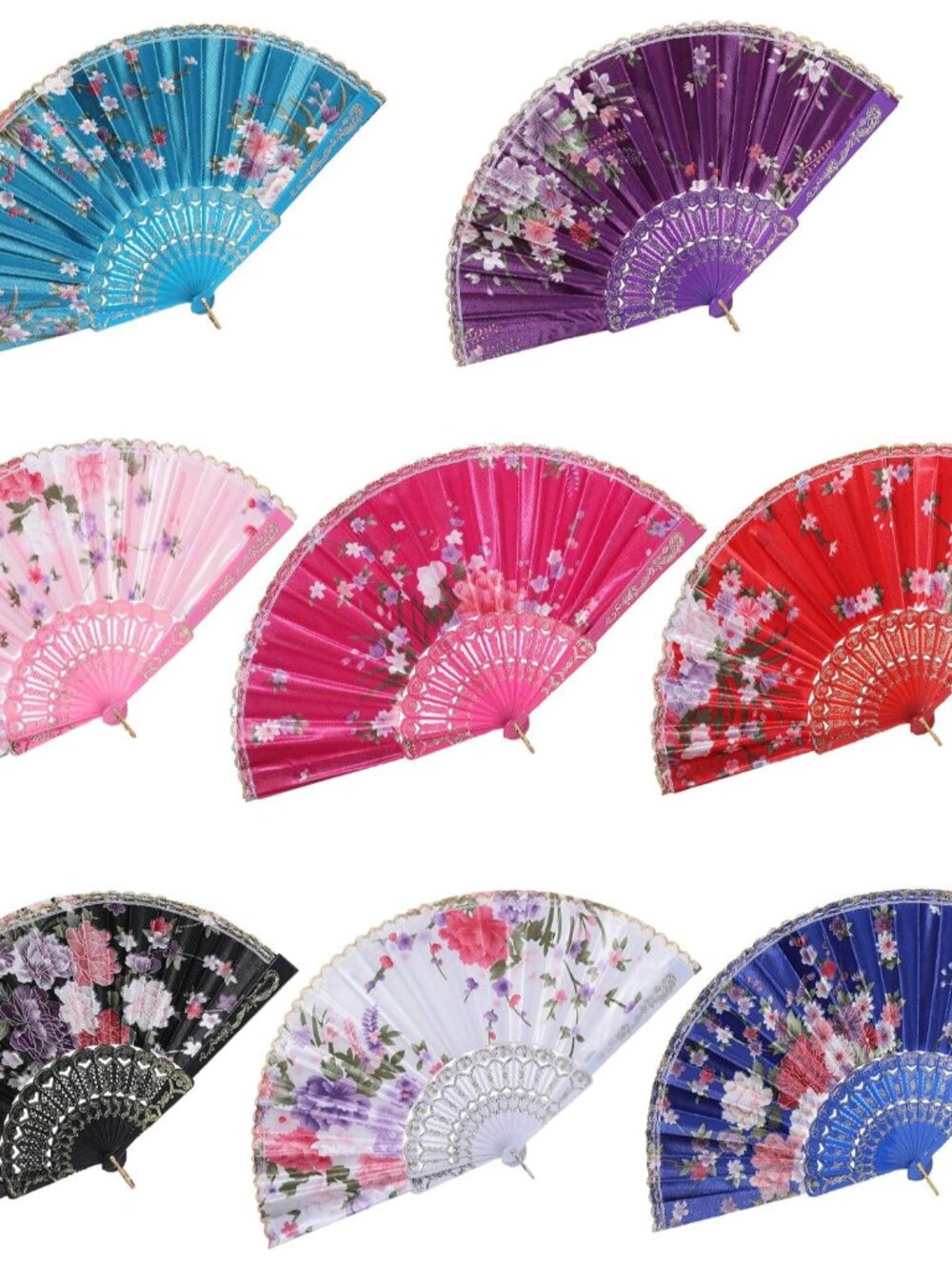 8pcs Floral Folding Hand Fan Vintage Handheld Lace Folding Fan with Different Fl